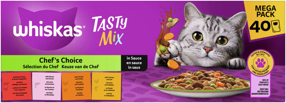 Whiskas Tasty Mix Chef's Choice, Katzenfutter, Huhn-Rind-Lachs-Truthahn in Sauce, 40 Beutel, deckt 100 % d. tägl. Bedarfs.