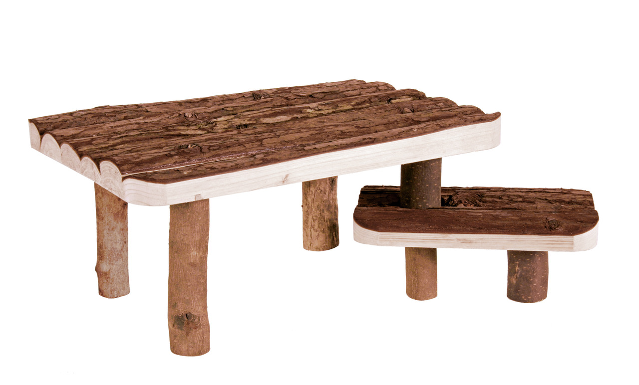 Das Bild zeigt das TRIXIE Naturholz-Spielplatz-Set für Kleintiere, bestehend aus einer erhöhten Plattform und einer kleineren Stufe. Zielgruppe sind Kleintiere wie Hamster oder Mäuse. Das Set besteht aus unbehandeltem Holz mit natürlicher Rindenoptik, ide