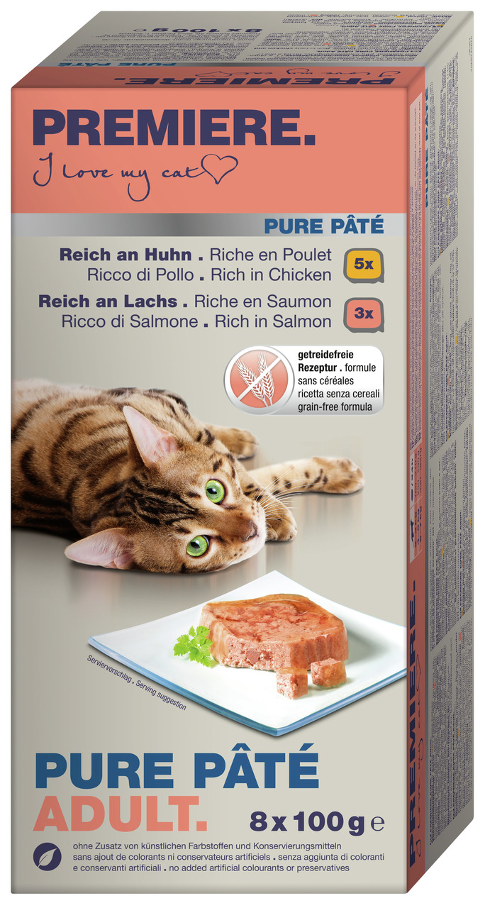 PREMIERE Pure Pâté Adult, Katzenfutter, Huhn & Lachs, für ausgewachsene Katzen, getreidefrei, 8x100g, ohne künstl. Farb- & Konservierungsstoffe.
