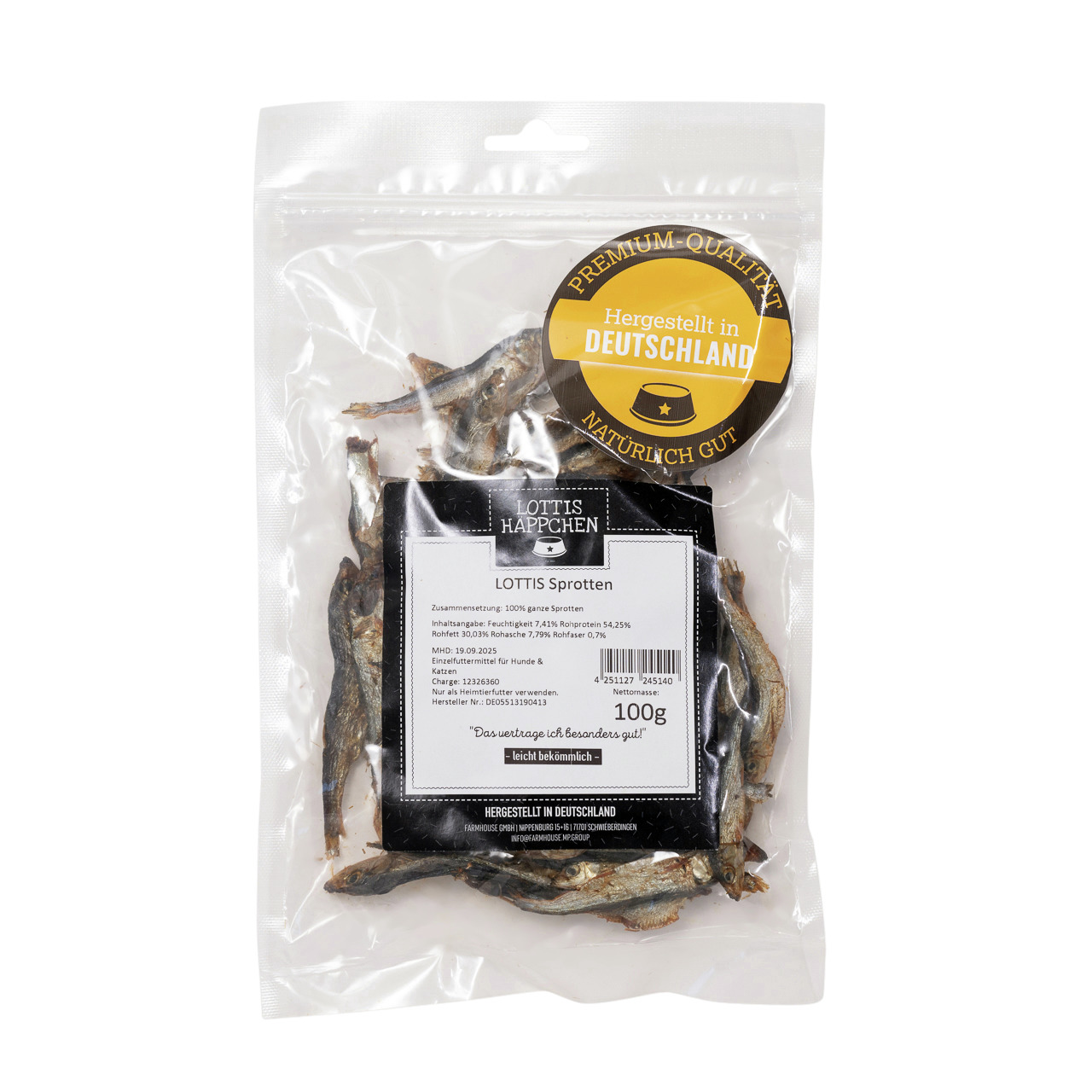 LOTTIS HÄPPCHEN LOTTIS Sprotten, 100 g, für Hunde & Katzen, leicht bekömmlich, Premium-Qualität, Hergestellt in Deutschland.