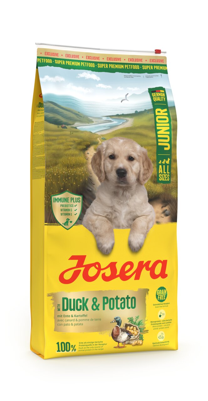 Josera Duck & Potato Trockenfutter für Junior-Hunde, Geschmacksrichtung Ente & Kartoffel, getreidefrei, 15 kg.