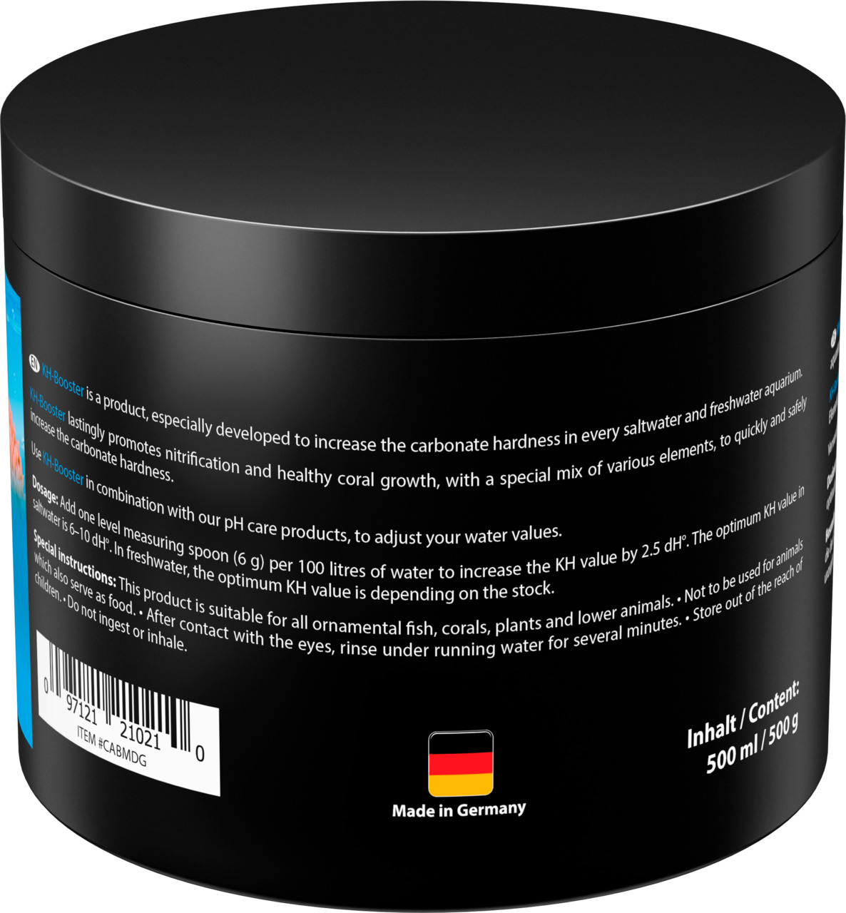 Das Bild zeigt eine schwarze Dose des Produkts „MICROBE-LIFT KH Booster“, das speziell für die Erhöhung der Karbonathärte in Süß- und Meerwasseraquarien entwickelt wurde. Die Dose enthält 500 ml (500 g) und ist „Made in Germany“. Das Produkt fördert die N