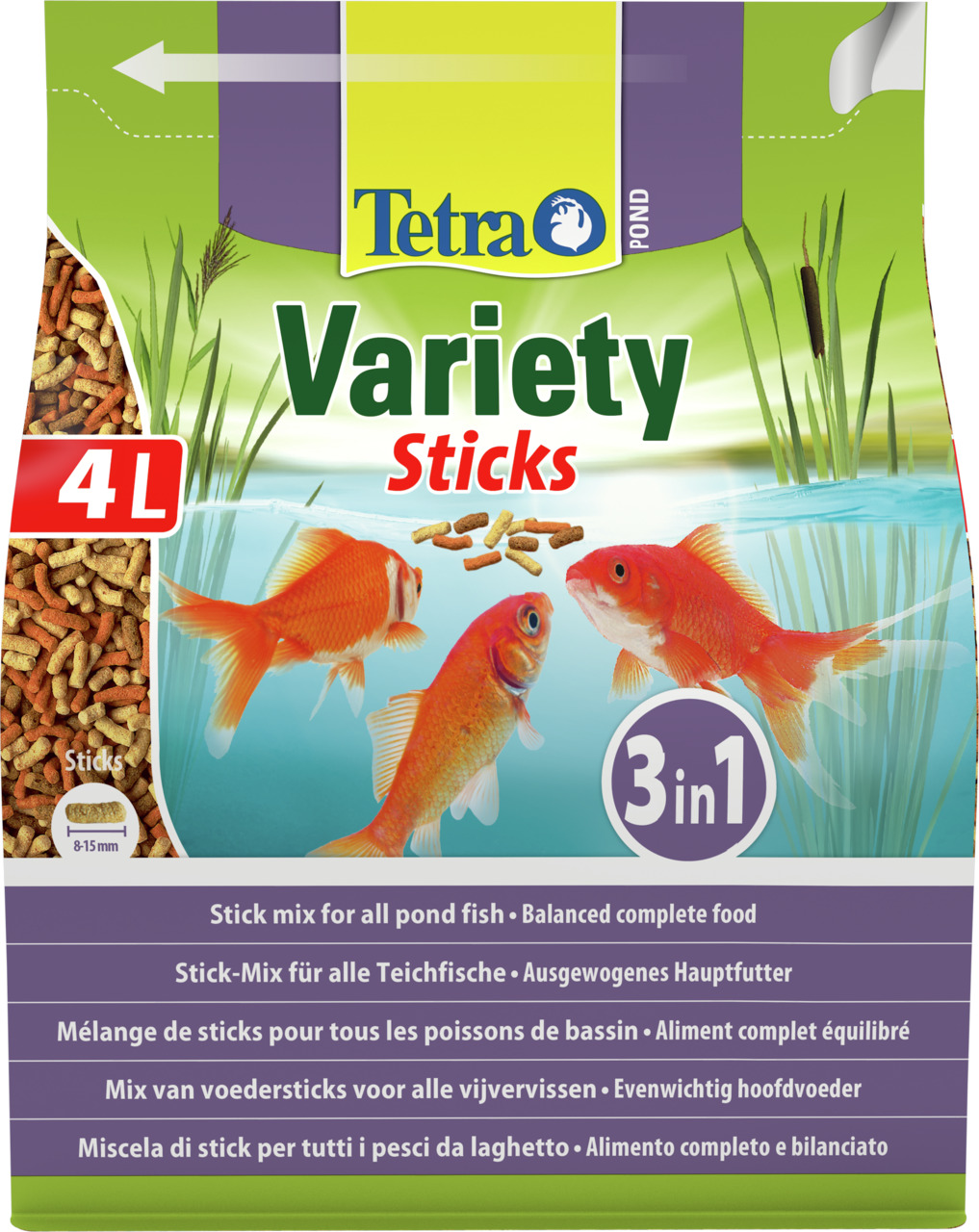 Tetra Pond Variety Sticks, Hauptfutter für alle Teichfische, 3-in-1-Mix, 8-15 mm, 4 L, ausgewogenes Futter.