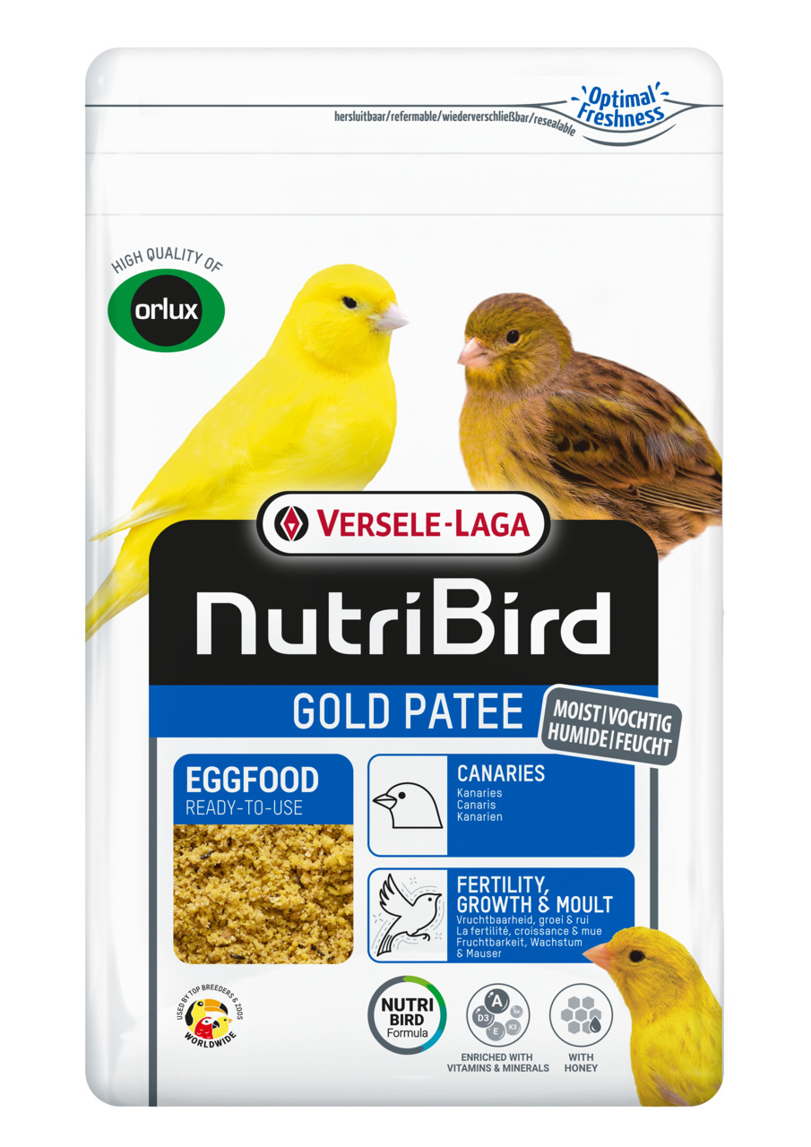 Versele-Laga NutriBird Gold Patee, feuchtes Eifutter f. Kanarien, 1 kg, mit Vitaminen, Mineralien & Honig, fördert Fruchtbarkeit & Mauser.