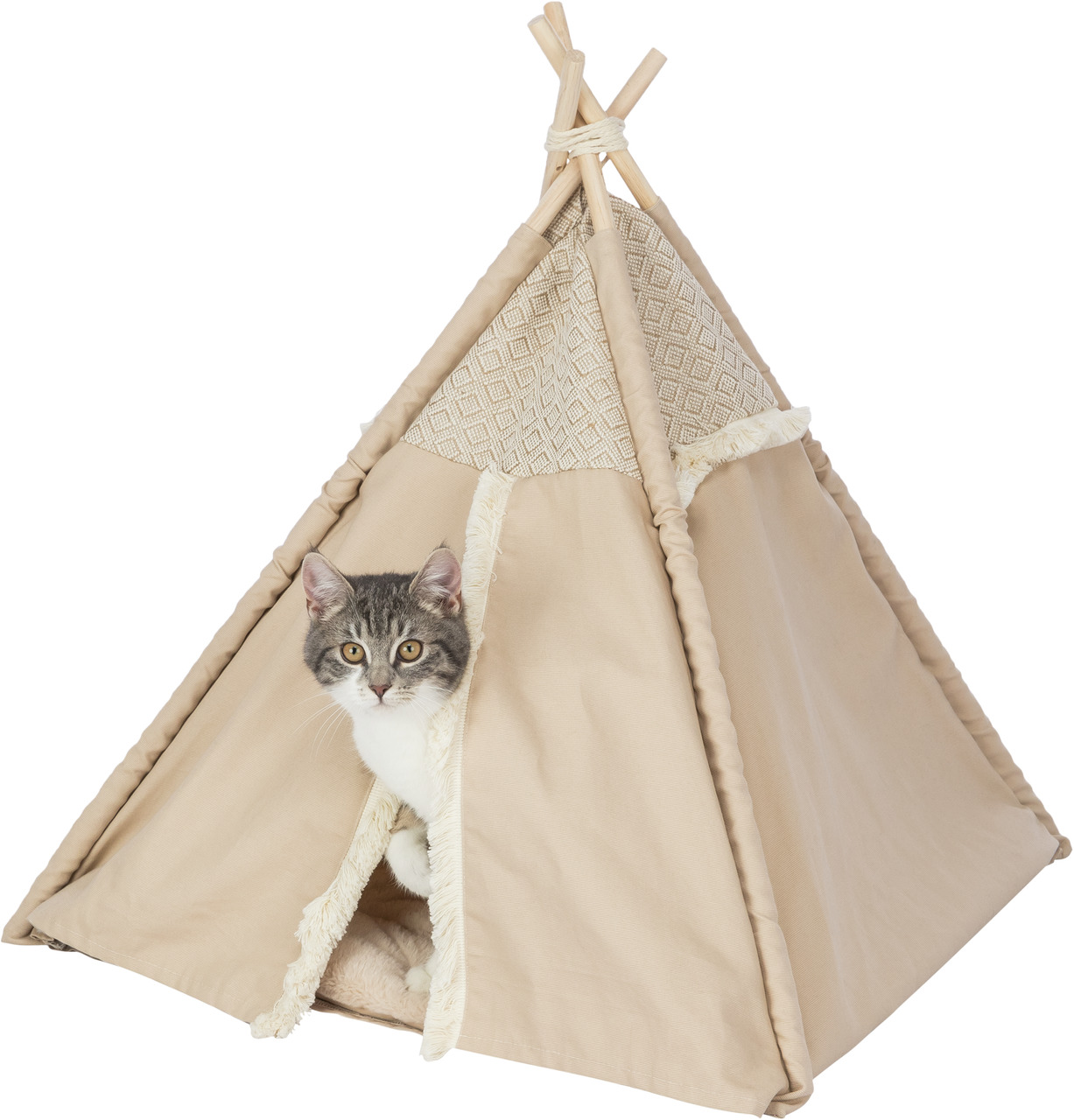 TRIXIE Katzentipi, beige-braun, für Katzen, gemütl. Rückzugsort, Stoff mit Fransen, Holzgestell, ideal für geschützten Platz.