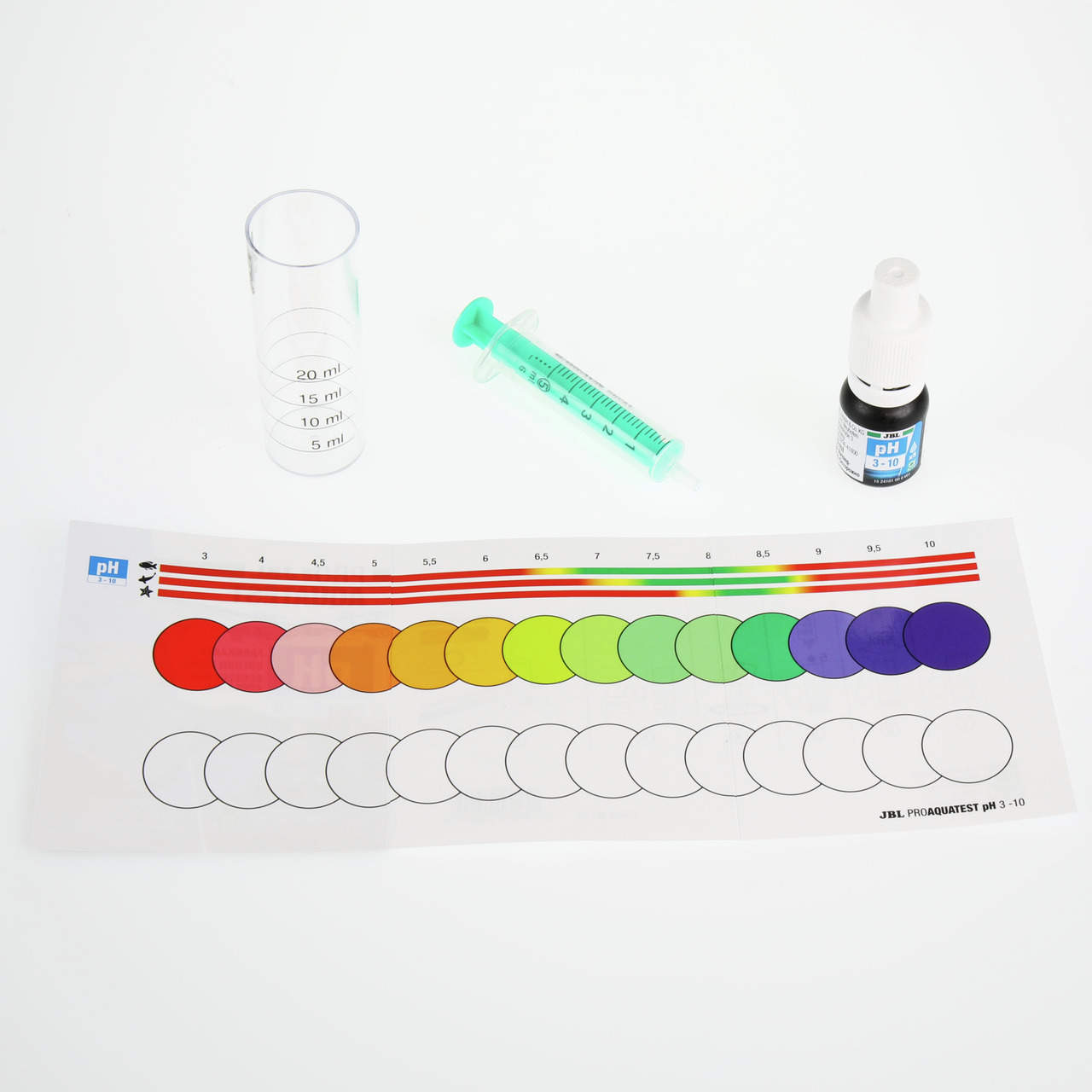 JBL ProAquaTest pH 3-10: pH-Testset für Aquarien/Teiche, präzise pH-Bestimmung, inkl. Farbtabelle, Messröhre (20 ml), Spritze, Reagenz.