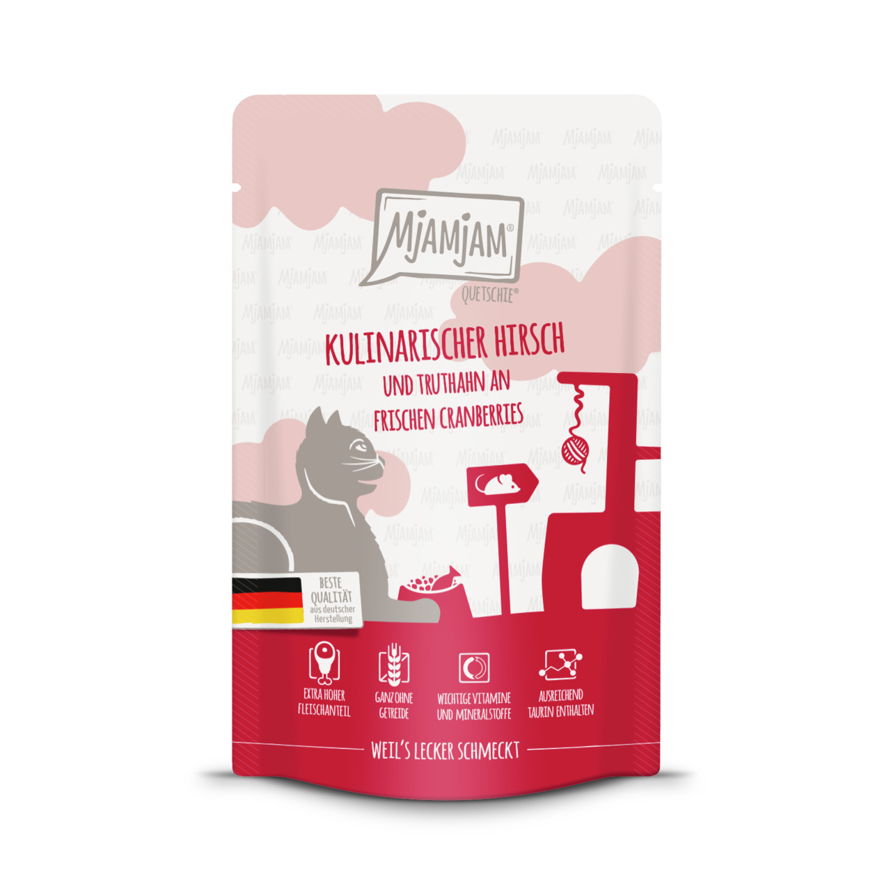 Mjamjam Quetschie Kulinarischer Hirsch und Truthahn an frischen Cranberries Katzen Nassfutter 125 g