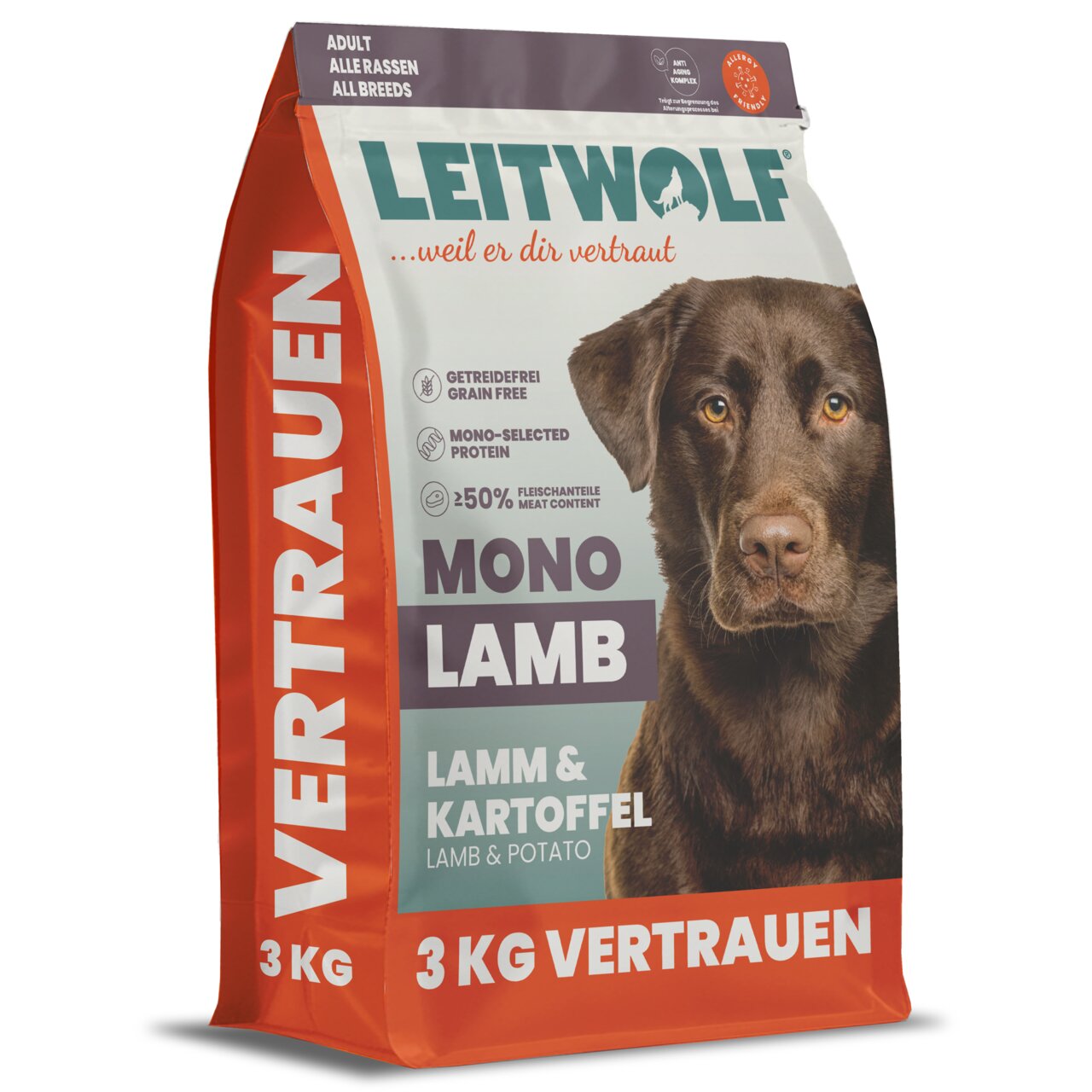 LEITWOLF Hundefutter Mono Lamb für adulte Hunde aller Rassen, Lamm & Kartoffel, getreidefrei, Monoprotein, 3 kg