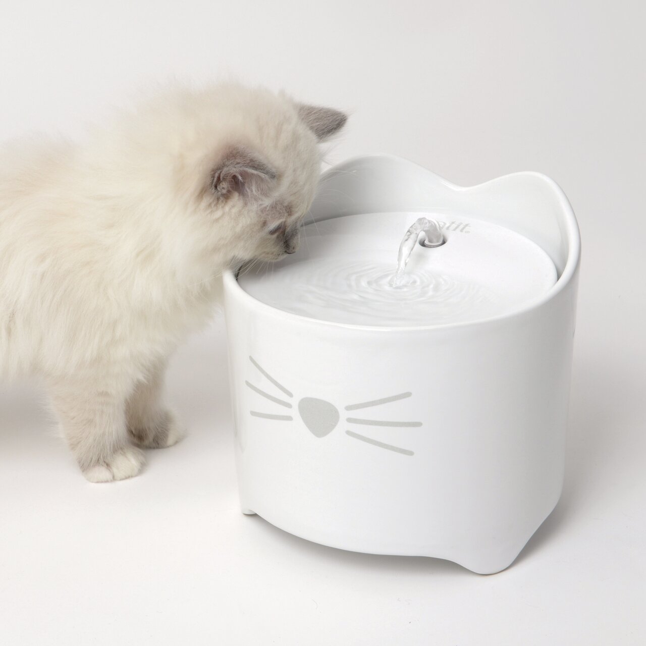 Weiße Catit Trinkbrunnen für Katzen, ideal für frisches Wasser, mit verspieltem Katzendesign. Zielgruppe: Katzen.