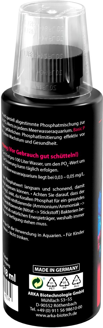 ARKA Basic P Phosphatmischung für Meerwasseraquarien, Aquaristik-Zielgruppe, senkt Phosphat, Flasche 118 ml.