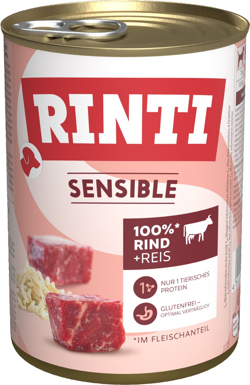 RINTI Sensible Hundefutter, Rind mit Reis, glutenfrei, 400 g Dose, geeignet für sensible Hunde, nur ein tierisches Protein.