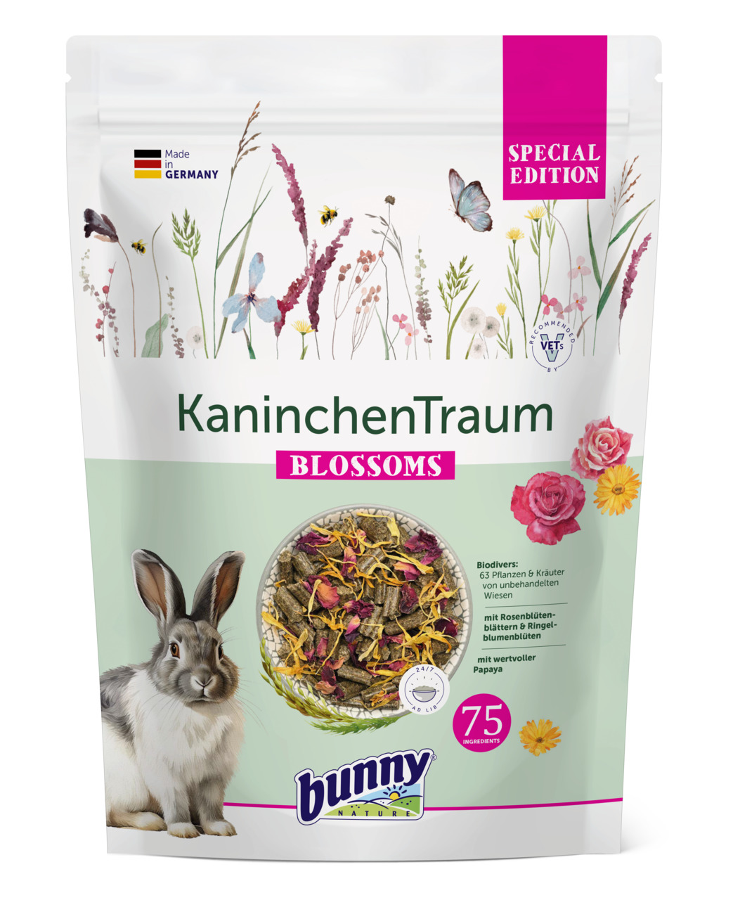 Bunny KaninchenTraum Blossoms SE, Premium-Futter f. Kaninchen, 63 Pflanzen & Kräuter, Rosen--Ringelblumen, Papaya, 75 Zutaten.