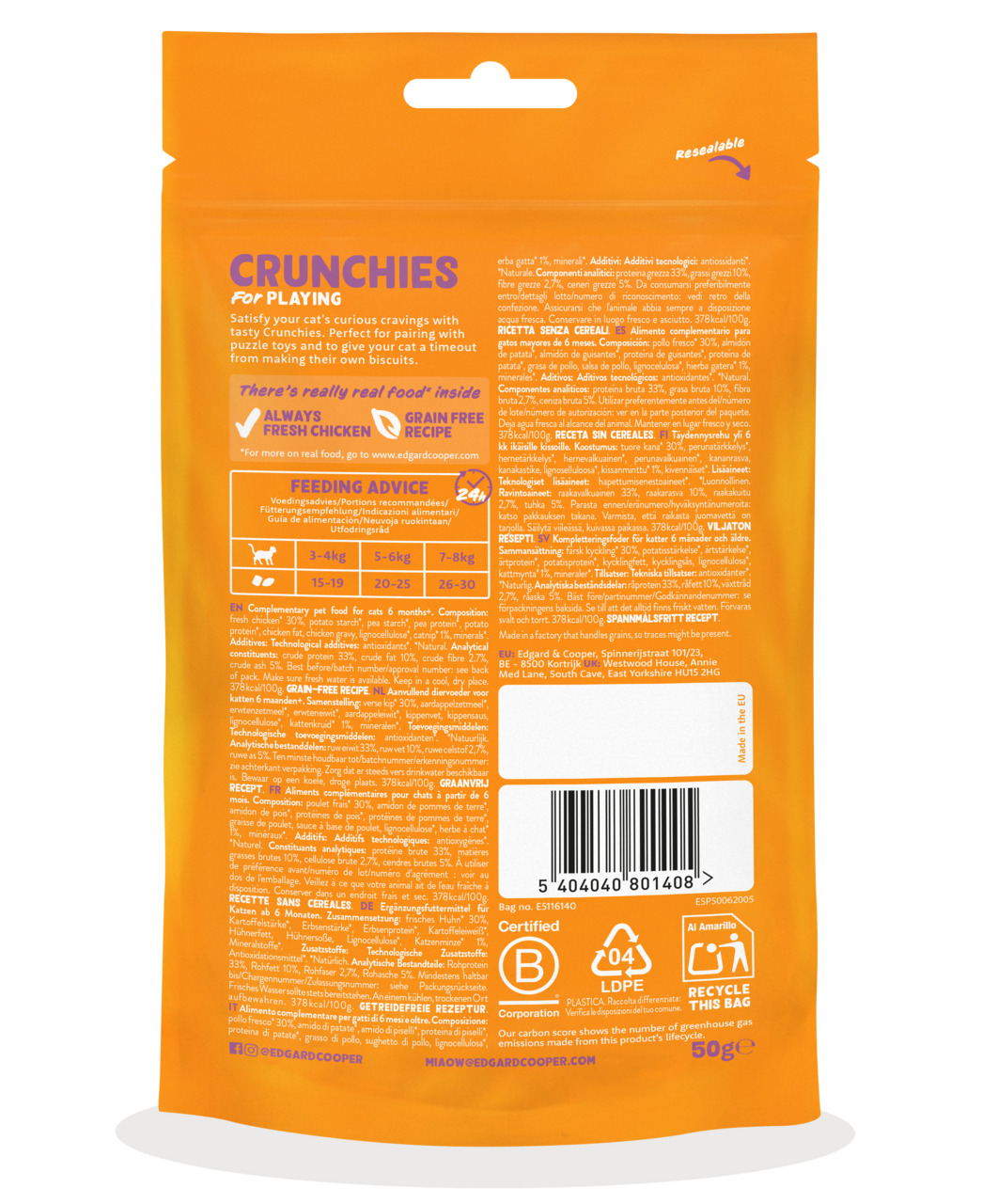 Edgard & Cooper Crunchies, Katzensnack, getreidefrei, frisches Huhn, ab 6 Mon., 50 g, wiederverschließbar, mit Fütterungshinweisen.