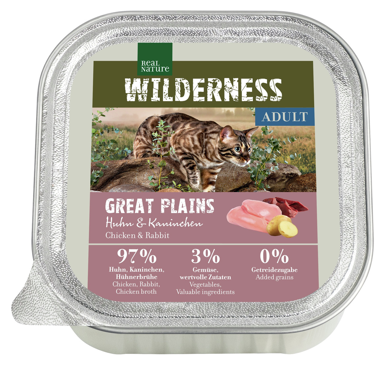 Real Nature Wilderness Katzenfutter "Great Plains" (Huhn & Kaninchen), 97 % Fleisch, 3 % Gemüse, getreidefrei, für erwachsene Katzen.