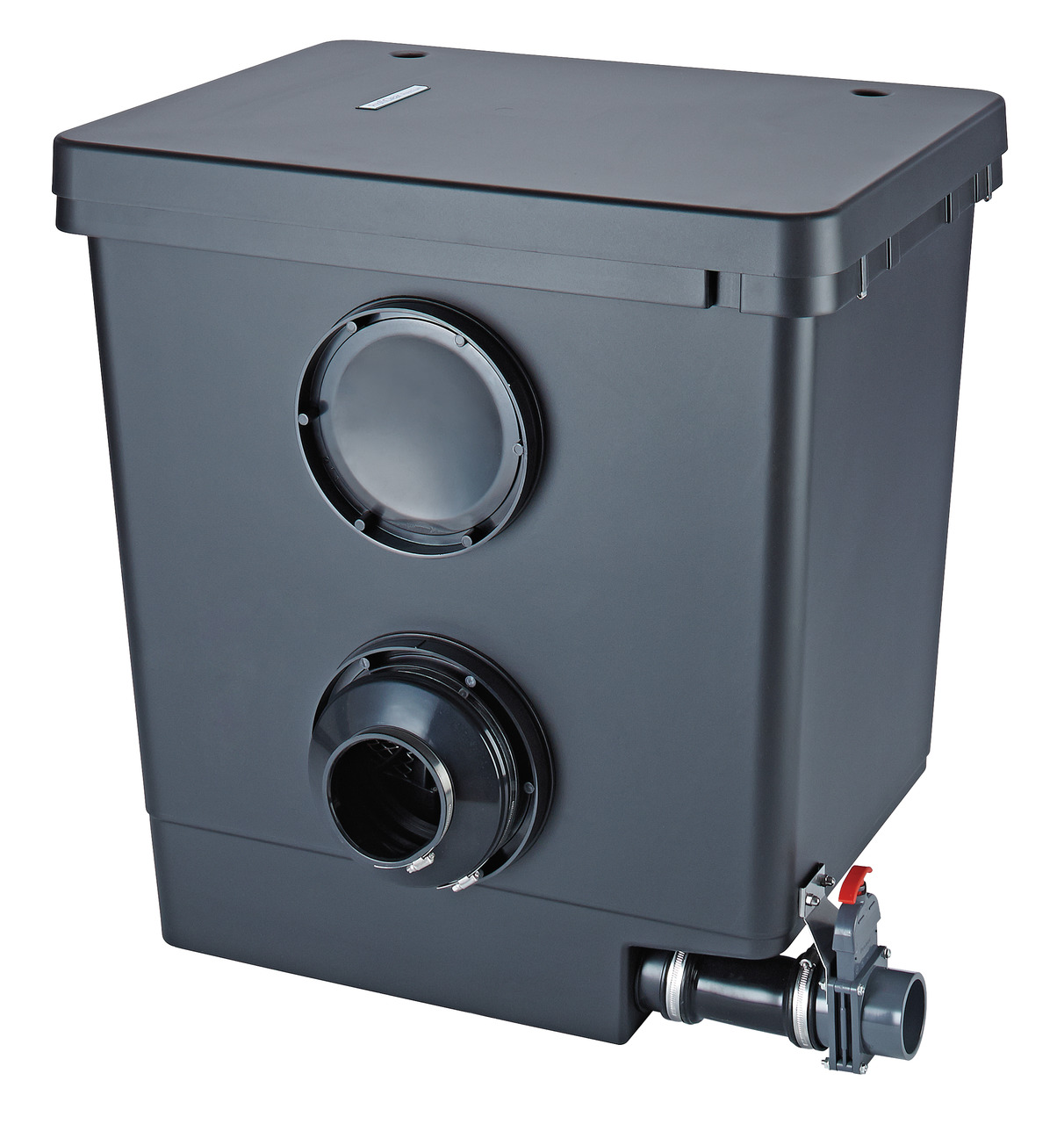 Das Bild zeigt den Oase ProfiClear Premium Compact-M Trommelfilter, ein hochwertiges Filtersystem für Teiche und Aquarien. Zielgruppe sind Teichbesitzer und Aquarienliebhaber. Der Filter ist in einem robusten, schwarzen Gehäuse gestaltet und verfügt über 