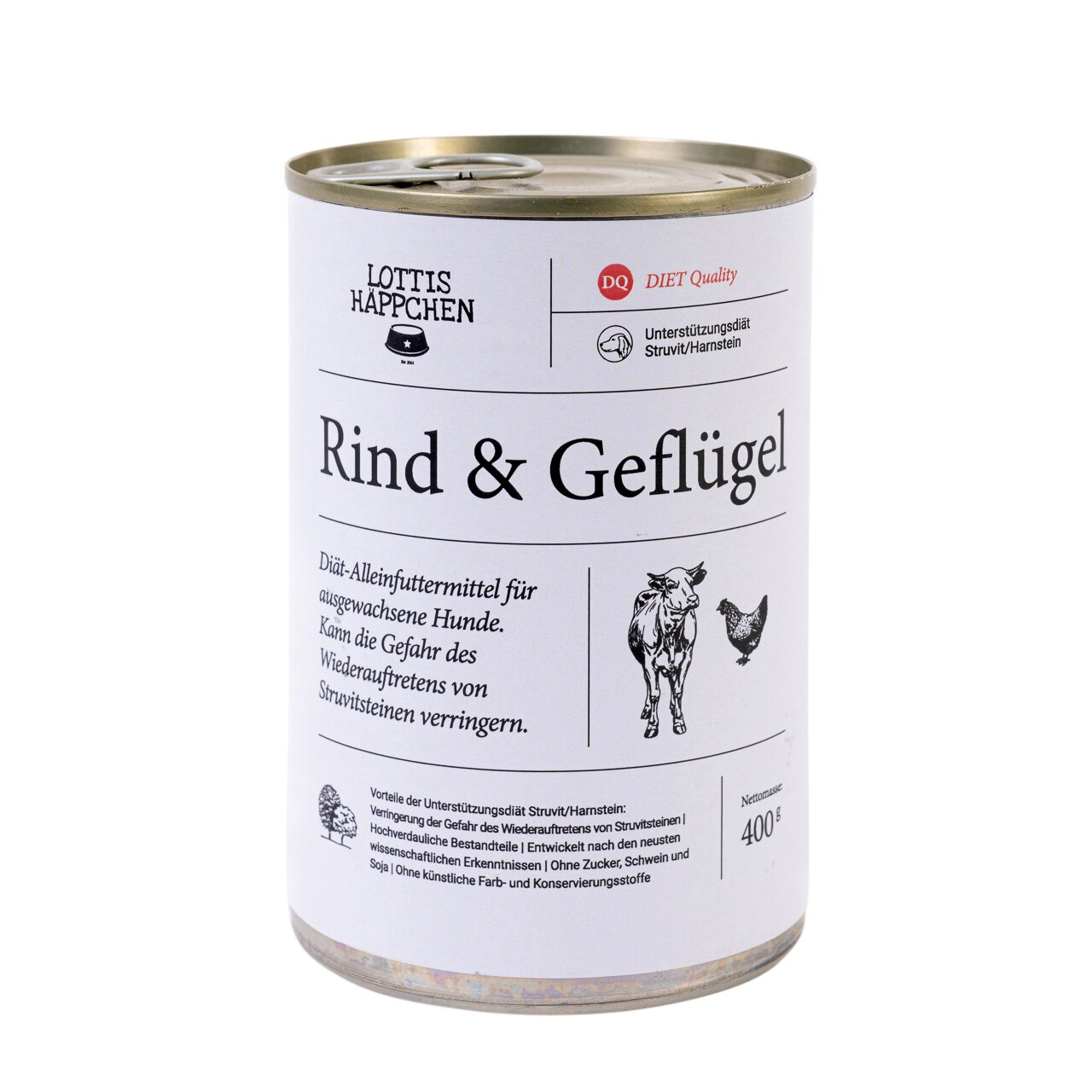 Lottis Häppchen Rind & Geflügel, Diät-Alleinfutter f. erw. Hunde, 400 g, verringert Risiko v. Struvitsteinen.