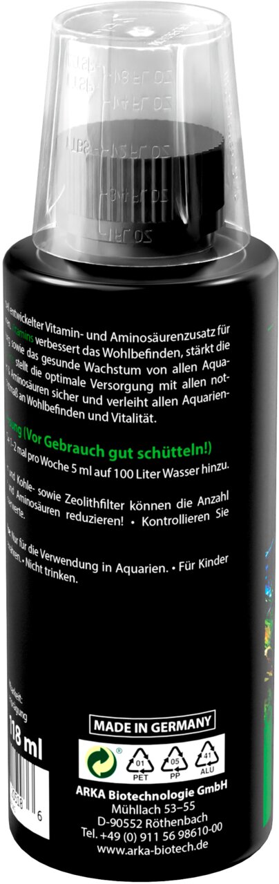 ARKA Vitamin- und Aminosäurenzusatz für Aquarien, für Zierfische, unterstützt Wohlbefinden und Wachstum, 118 ml