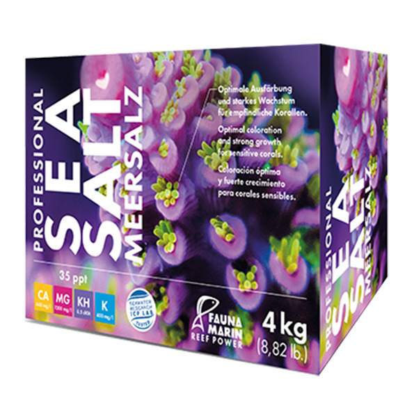 Das Bild zeigt eine Verpackung des Produkts „FAUNA MARIN Professional Sea Salt Meersalz“ mit einem Gewicht von 4 kg (8,82 lb). Es richtet sich an Aquarienbesitzer, insbesondere für empfindliche Korallen. Die Verpackung hebt optimale Ausfärbung und starkes