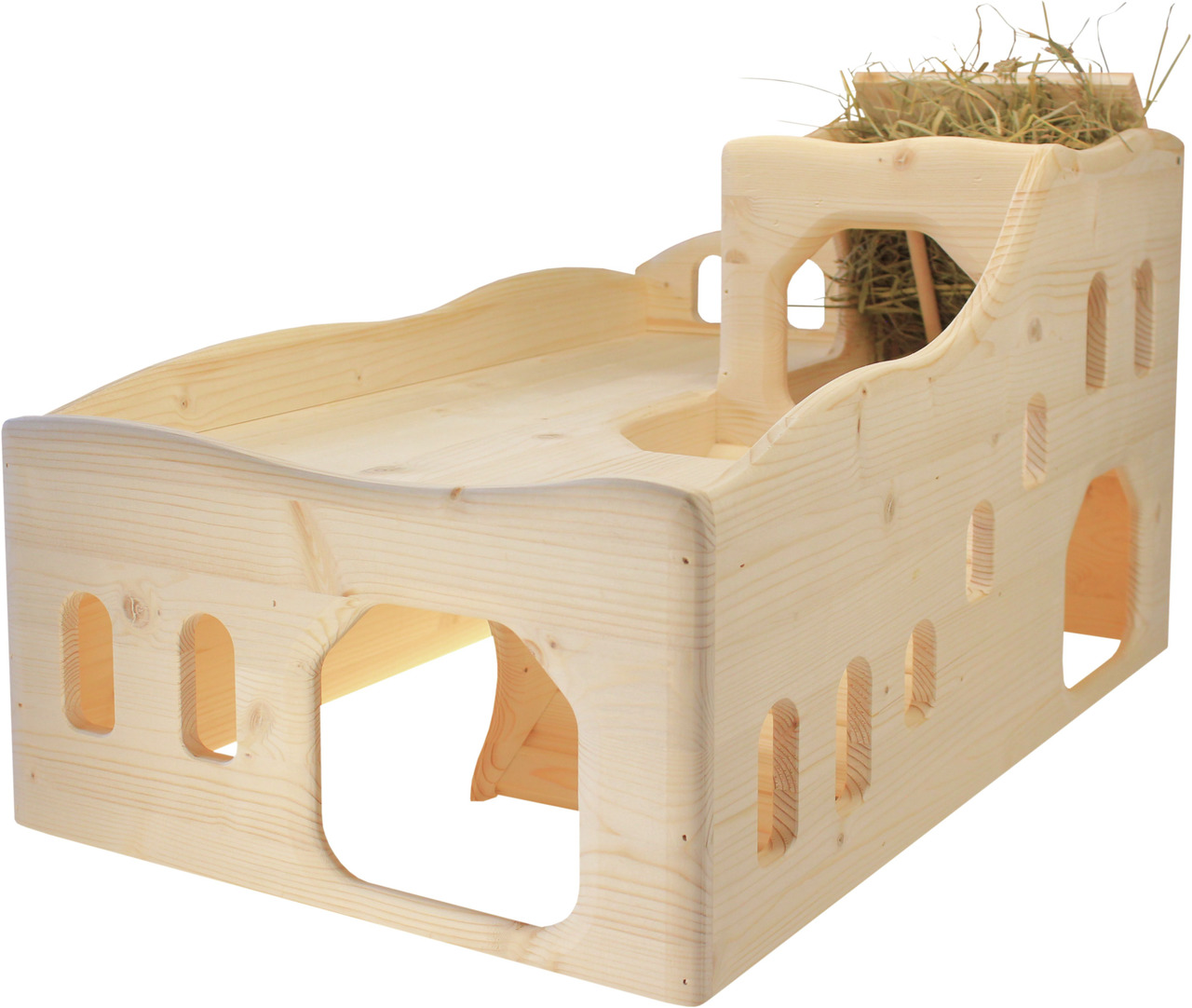 Resch Holz-Kleintierhaus, für Kaninchen/Meerschweinchen, unbehandelt, mit Heuraufe, Eingängen/Fenstern, artgerecht. Maße s. Bild.