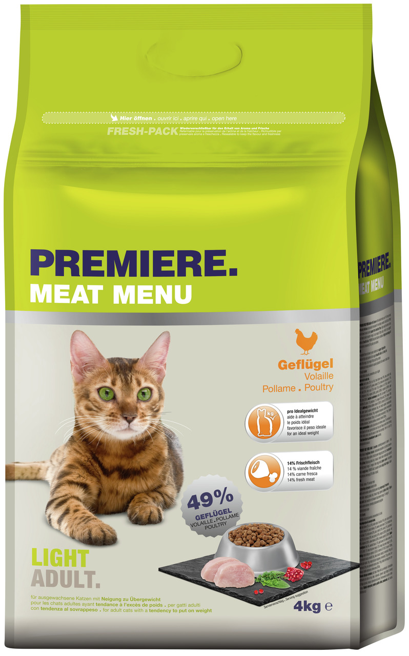 PREMIERE Meat Menu Light Adult, Geflügel, für ausgewachsene Katzen mit Übergewicht, 4 kg, 49 % Geflügel, 14 % Frischfleisch.