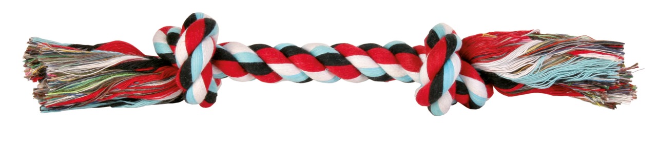 TRIXIE Hundespielzeug, Knoten-Seil, Rot-Weiß-Schwarz-Türkis, für alle Hunde, Zahnpflege fördernd, ideal für Zerr--Wurfspiele, 26 cm.