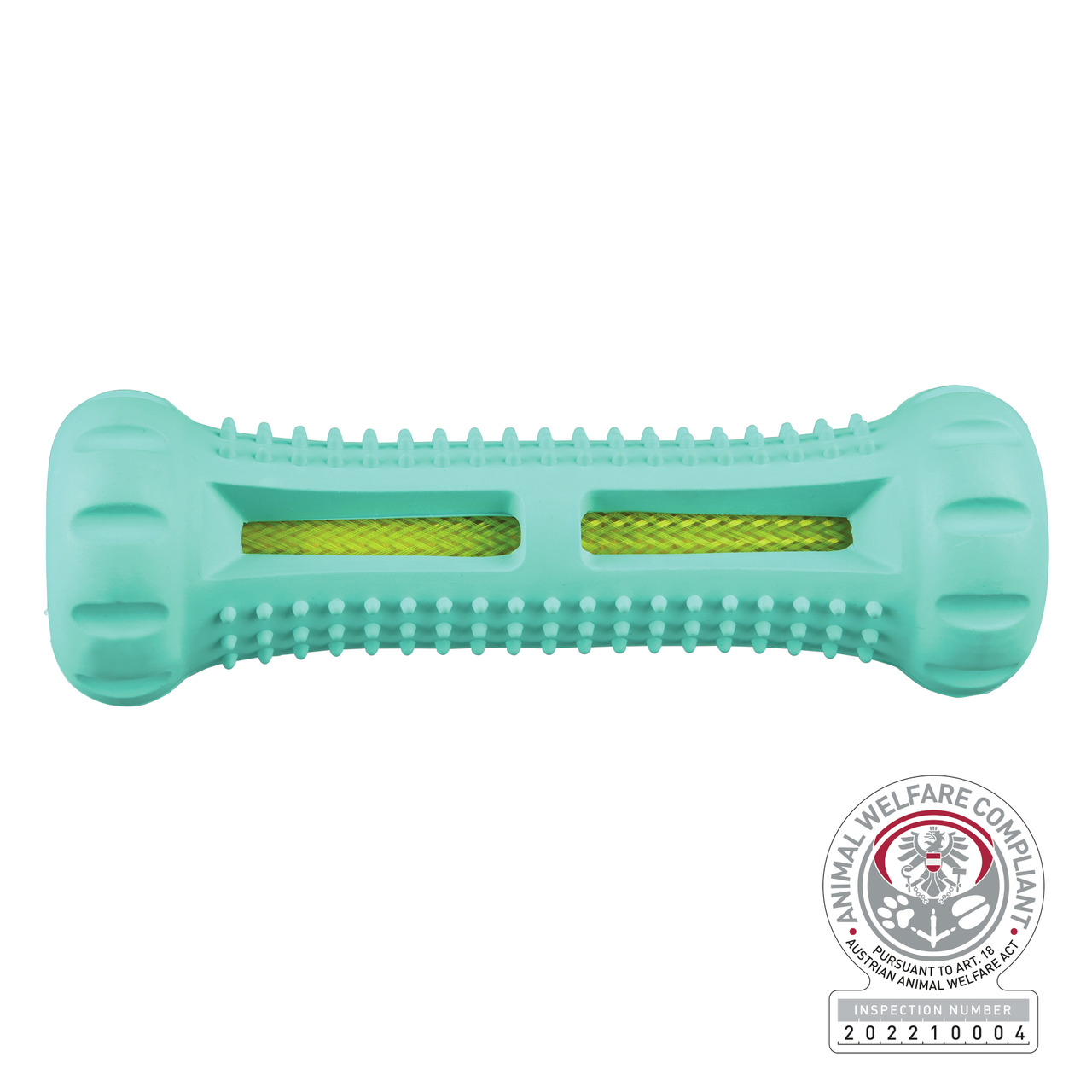 Das Bild zeigt das TRIXIE Hundespielzeug Denta Fun, ein mintgrünes Kauspielzeug aus robustem Gummi mit genoppten Oberflächen zur Zahnreinigung. Es ist für Hunde aller Größen geeignet und enthält ein gelbes Seil im Inneren für zusätzliche Stabilität. Das P