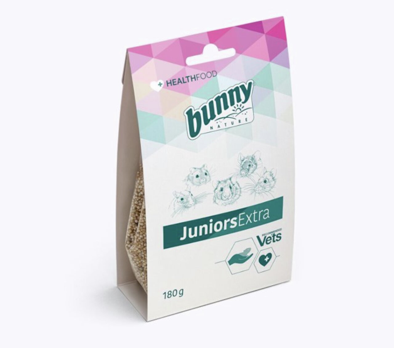 Bunny Nature JuniorsExtra, Alleinfuttermittel für junge Kleintiere, gesundheitsfördernd, 180 g Packung, von Tierärzten empfohlen.