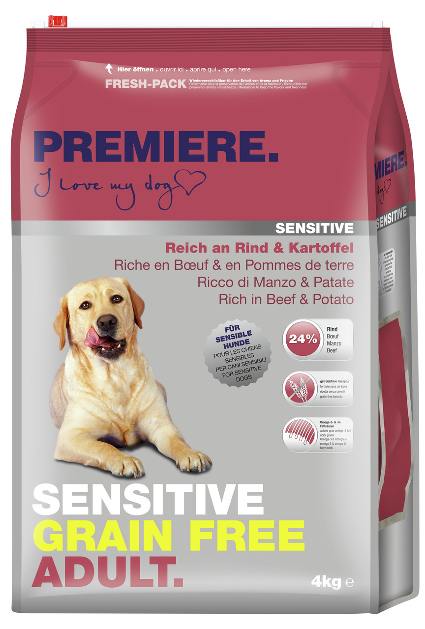 PREMIERE Sensitive Grain Free Adult, 4 kg, für sensible Hunde, Rind & Kartoffel, getreidefrei, 24 % Rind, reich an Omega-3/-6.
