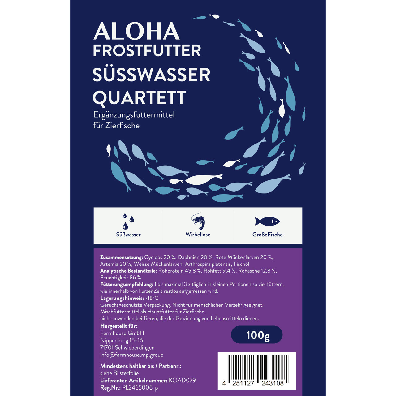 ALOHA Frostfutter Süßwasser Quartett, Ergänzungsfutter f. Zierfische (Süßwasserfische, Wirbellose, große Fische), 100 g, hochwertig.