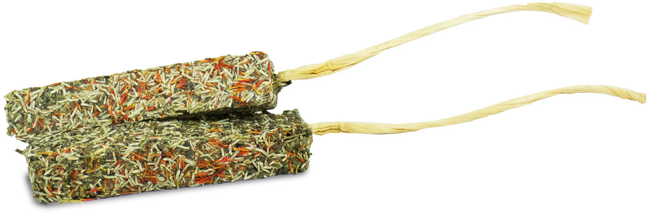 JR FARM Nager-Snack-Sticks, 2 Stk., für Kaninchen-Nager, Kräuter-Blüten-Mix, fördert Zahnpflege & Beschäftigung, mit Schnur zum Aufhängen.