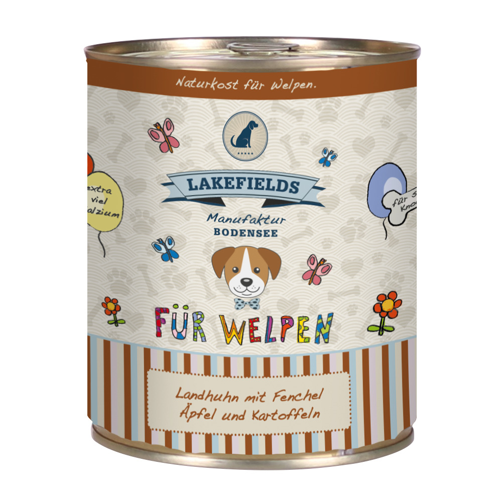Lakefields Hundefutter für Welpen, Naturkost, Landhuhn mit Fenchel, Äpfeln & Kartoffeln, 400 g.