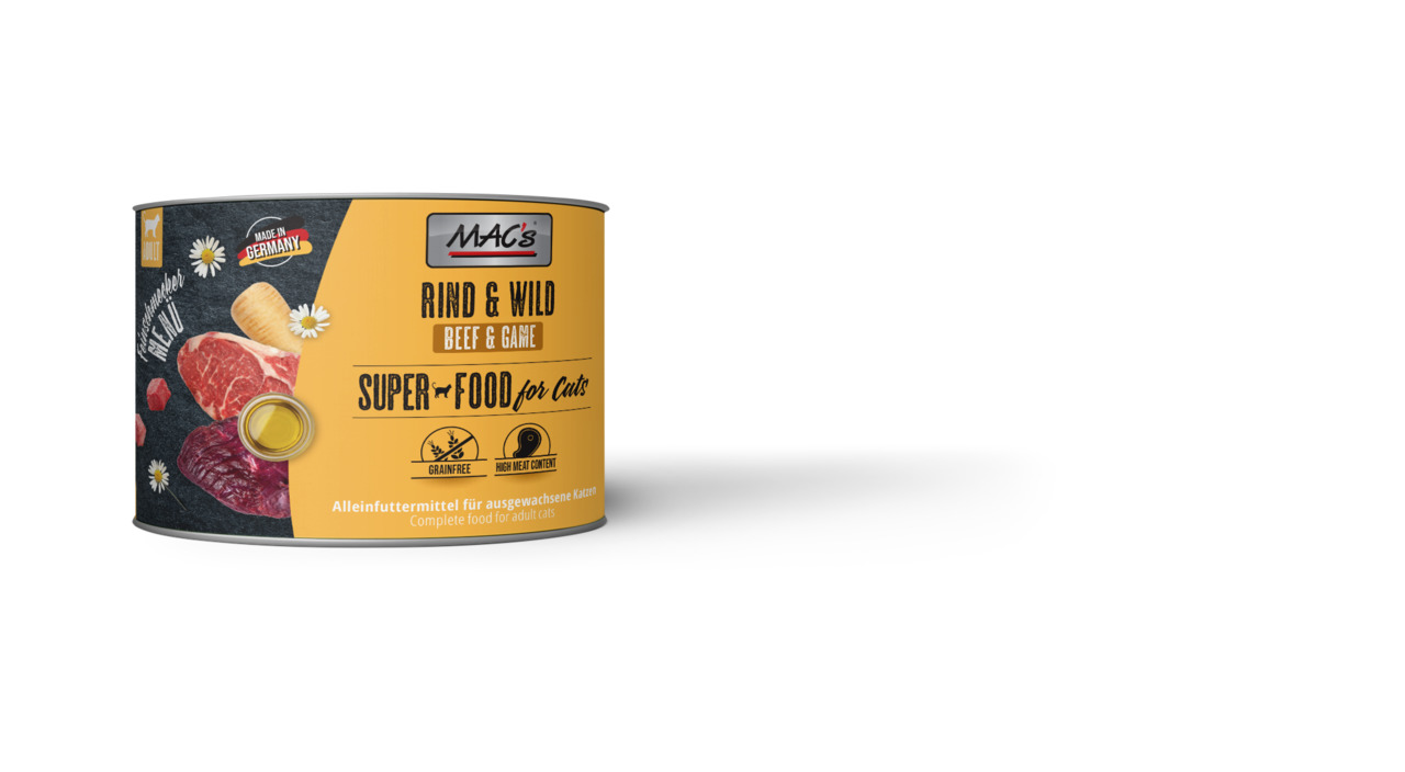 MAC's Katzenfutter Rind & Wild, getreidefrei, Superfood for Cats, für ausgewachsene Katzen, 200 g.