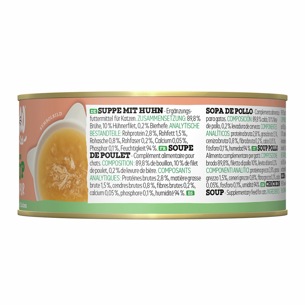 WOW CAT Suppe mit Huhn für Katzen: 89,8 % Brühe, 10 % Hühnerfilet, 0,2 % Bierhefe, 94 % Feuchtigkeit.