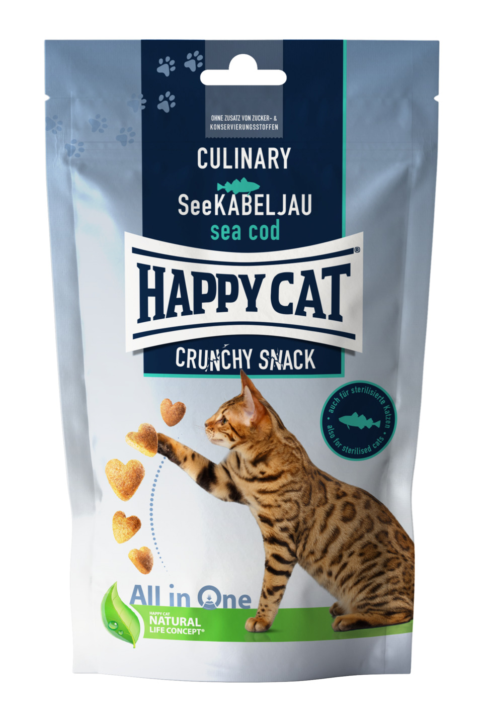 HAPPY CAT Culinary Crunchy Snack SeeKabeljau für Katzen (auch sterilisiert), Geschmack SeeKabeljau,  herzförmig, ohne Zucker-/Konservierungsstoffe.