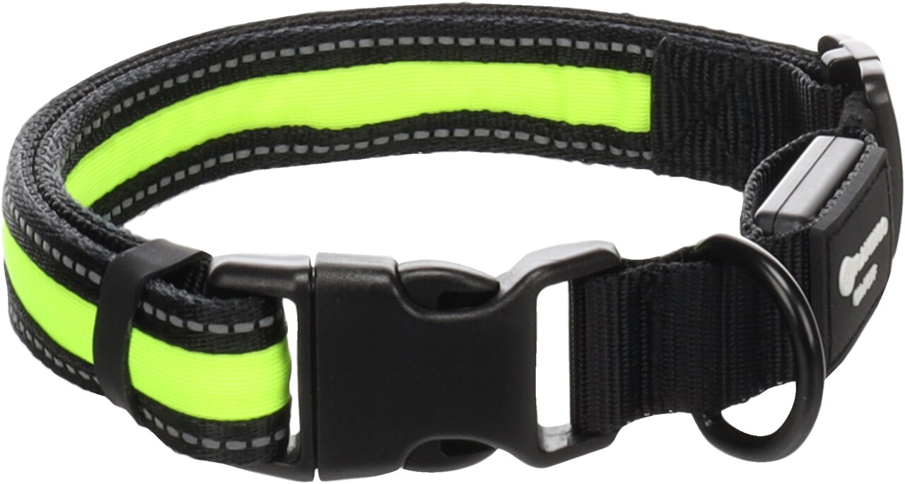 Flamingo Safety Collar, Halsband f. Hunde, schwarz/neon-gelb, Sichtbarkeit+, Klickverschluss, Metallring, alle Rassen.