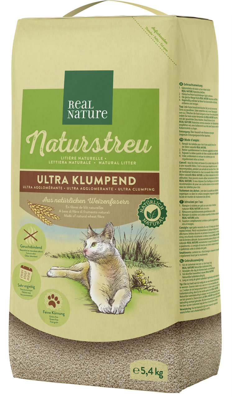 REAL NATURE Naturstreu Ultra Klumpend, Katzenstreu, Weizenfasern, geruchsbindend, ergiebig, feine Körnung, 5,4 kg.