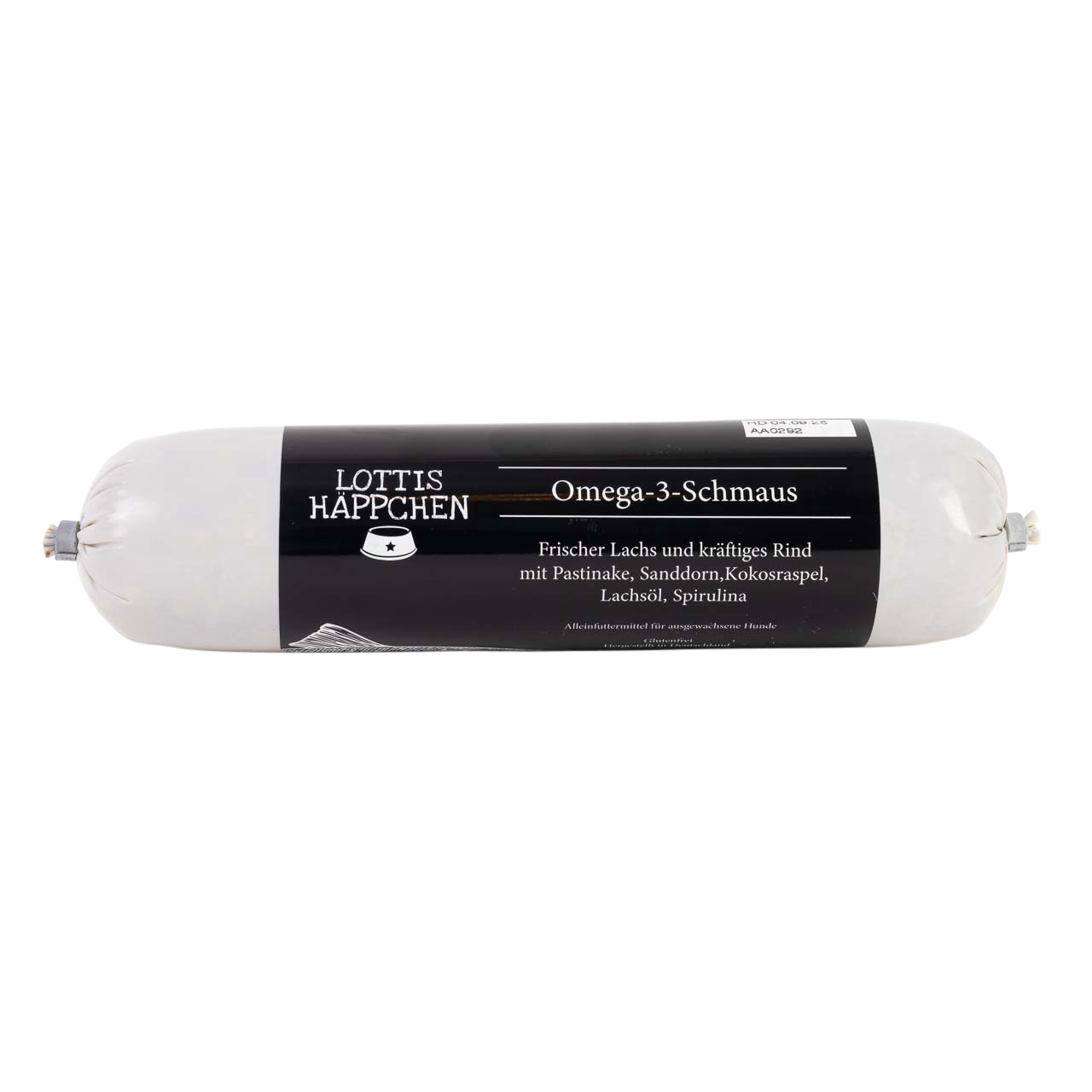 Lottis Häppchen Omega-3-Schmaus, Alleinfutter f. Hunde, Lachs & Rind, m. Pastinake, Sanddorn, Kokos, Lachsöl, Spirulina, Wurstform.