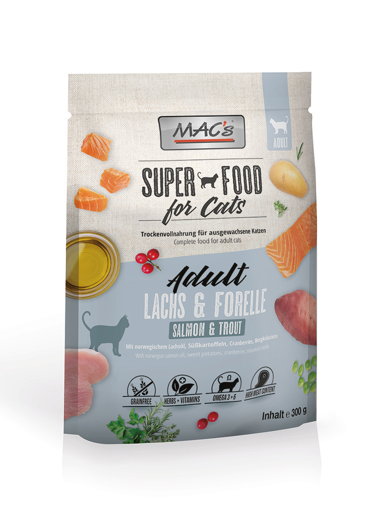 MAC's Super Food for Cats, Trockenfutter für erw. Katzen, Lachs & Forelle, 300 g, getreidefrei, mit Lachsöl, Süßkartoffeln & Kräutern.