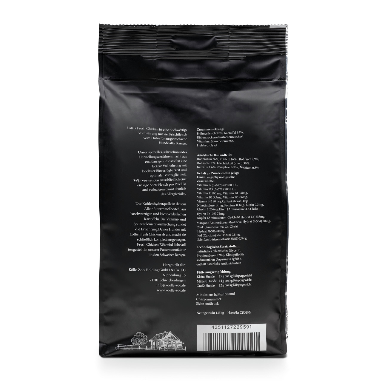 Das Bild zeigt die Rückseite einer schwarzen Verpackung des Produkts „Lottis Häppchen Fresh Chicken“. Es handelt sich um ein hochwertiges Hundefutter für ausgewachsene Hunde. Die Geschmacksrichtung ist Huhn. Die Verpackung enthält 1,5 kg. Auf der Rückseit