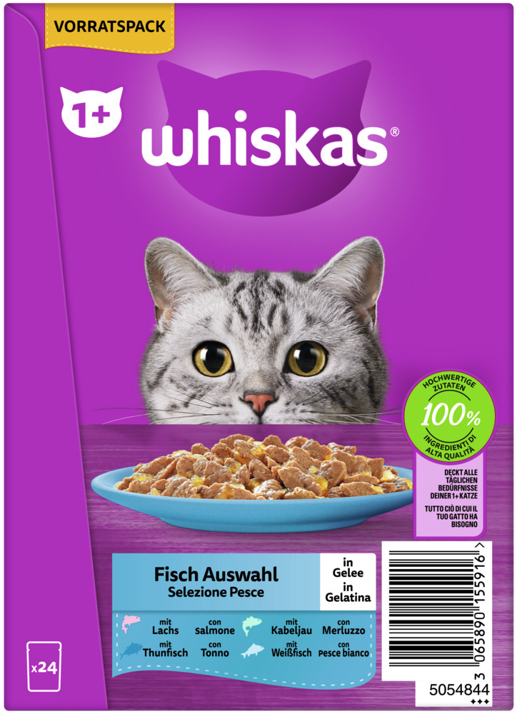 Whiskas Fisch Auswahl in Gelee, Katzen ab 1 Jahr, Lachs/Thunfisch/Kabeljau/Weißfisch, 24 Portionen, 100% ausgewogene Ernährung.