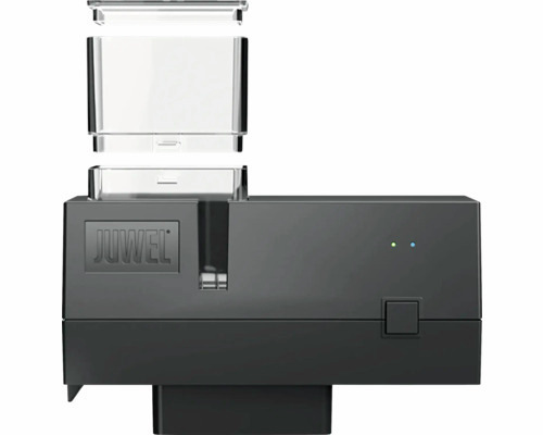 Das Bild zeigt den JUWEL EasyFeed Futterautomaten, ein automatisches Fütterungssystem für Aquarien. Zielgruppe sind Aquarienbesitzer, die eine zuverlässige und einfache Fütterungslösung suchen. Der Futterautomat ist schwarz, kompakt und verfügt über ein t
