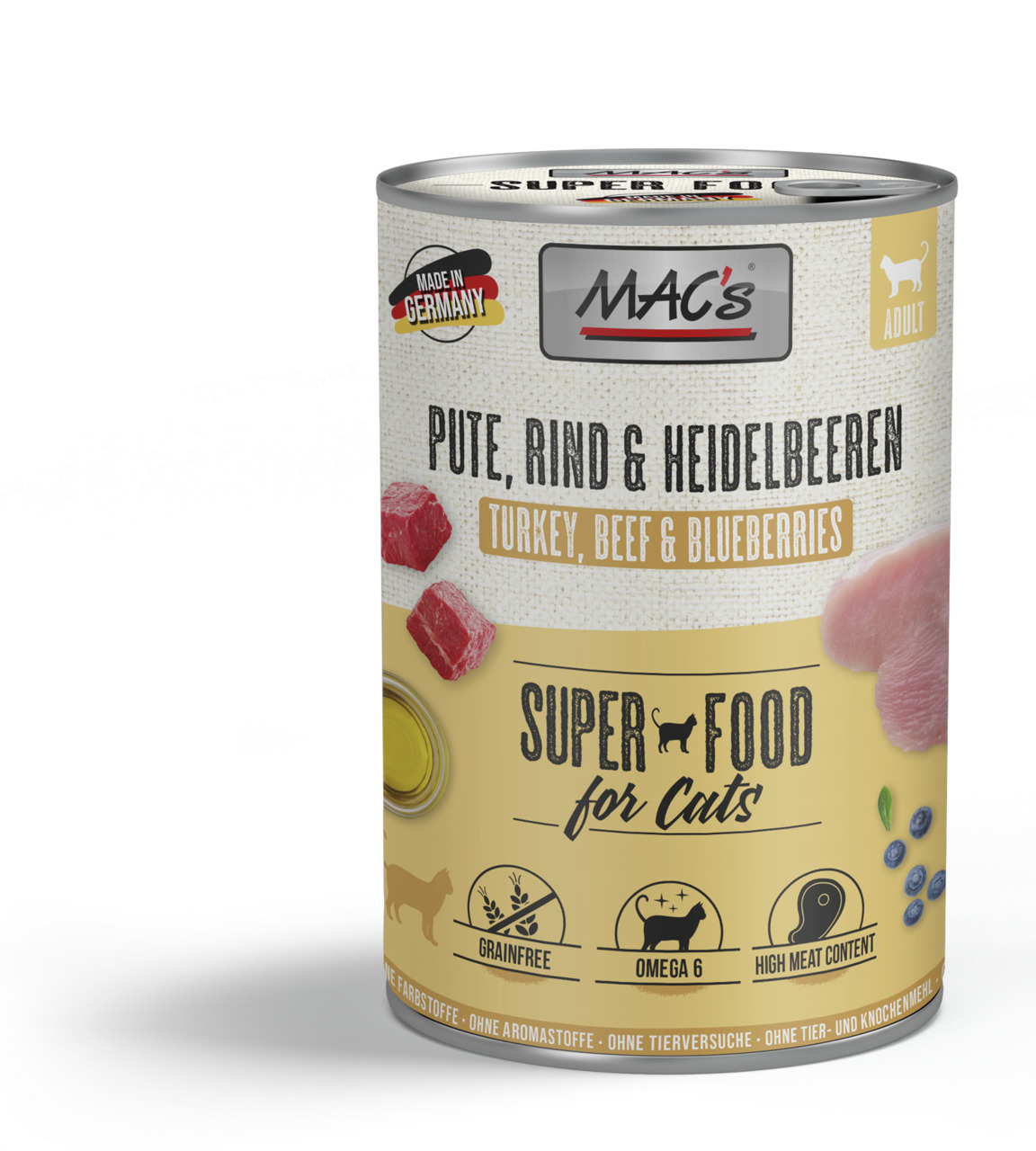 MAC's Katzenfutter, Pute-Rind-Heidelbeeren, für ausgewachsene Katzen, "Super Food for Cats", getreidefrei, reich an Omega-6.