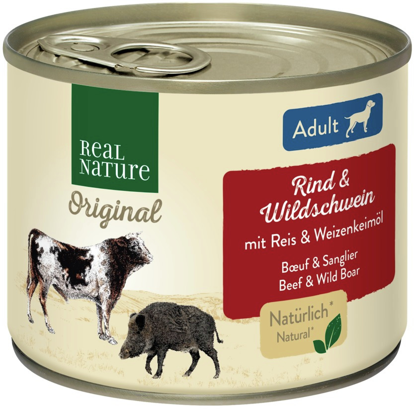 Real Nature Original Hundefutter, Rind & Wildschwein, mit Reis & Weizenkeimöl, Adult, 400 g, „Natürlich“-Label.