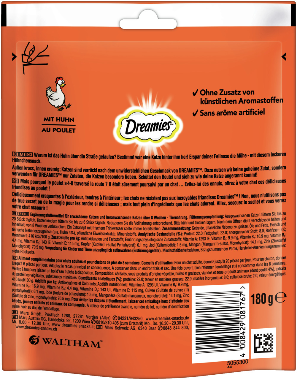 Dreamies mit Huhn, Ergänzungsfuttermittel für Katzen, 180 g, ohne künstl. Aromastoffe.