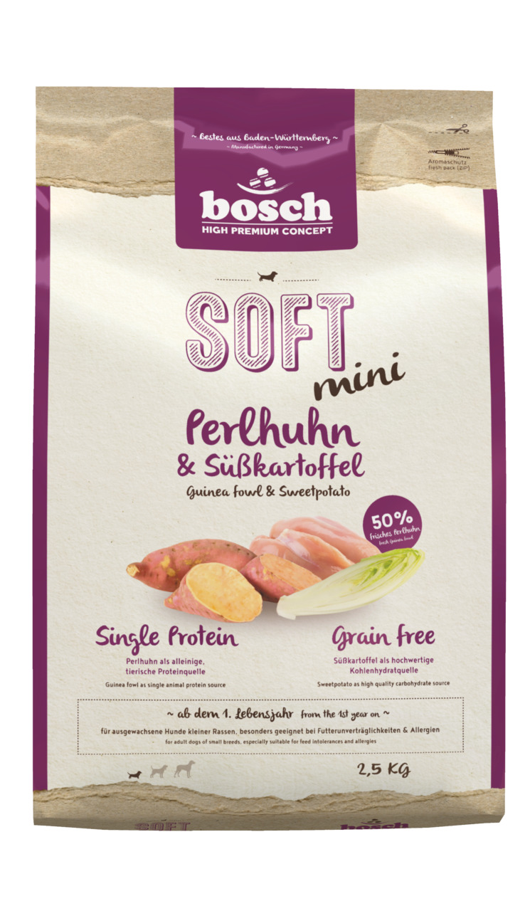 bosch Soft Mini Perlhuhn & Süßkartoffel, 2,5 kg, getreidefrei, Single-Protein, für kl. Hunde, 50 % frisches Perlhuhn, bei Unverträglichkeiten.