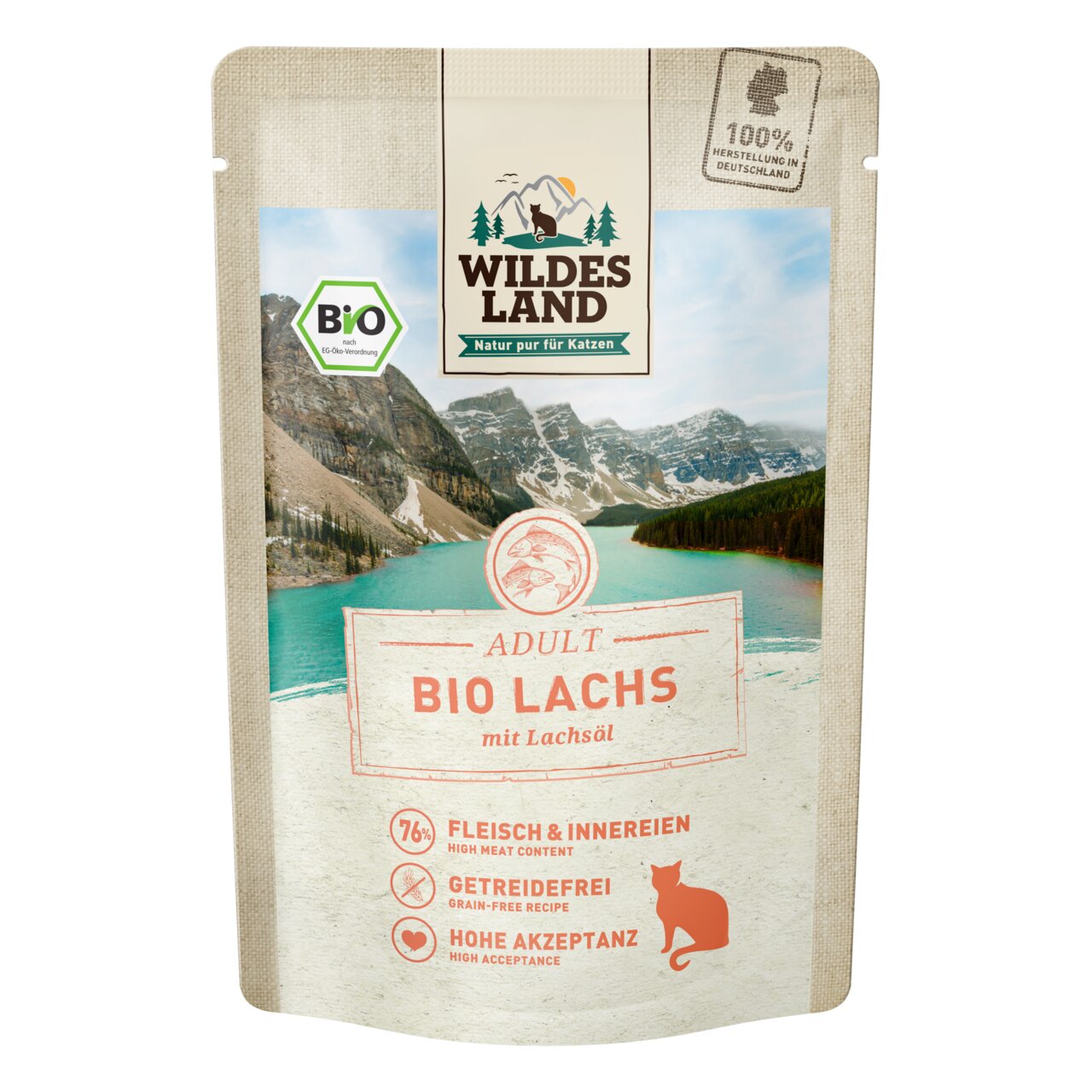 Wildes Land Adult Bio Lachs m. Lachsöl, für ausgew. Katzen, 76 % Fleisch/Innereien, getreidefrei, hohe Akzeptanz, Made in Germany.
