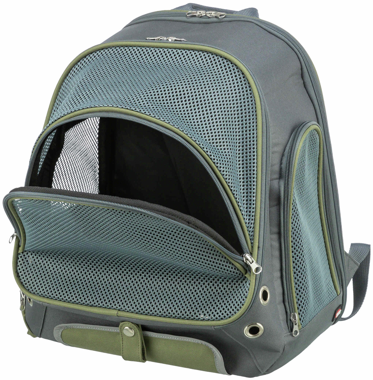Das Bild zeigt den TRIXIE Rucksack Connor, ein Transportmittel für Haustiere wie Katzen und kleine Hunde. Der graue Rucksack mit grünen Akzenten verfügt über atmungsaktive Netzfenster für optimale Luftzirkulation und Sicht. Er ist ideal für Tierbesitzer, 
