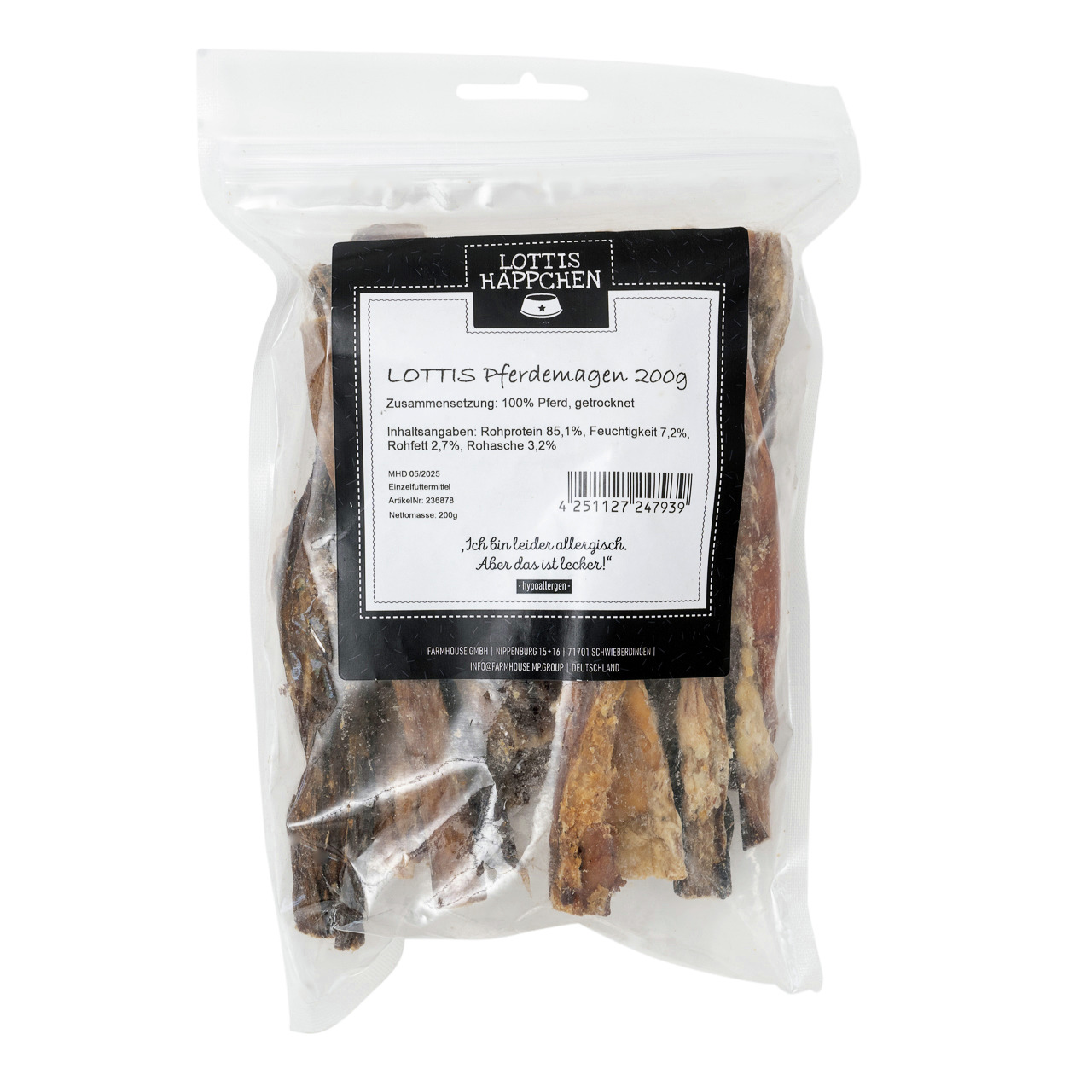LOTTIS HÄPPCHEN getr. Pferdemagen, 200 g, hypoallergener Snack f. Hunde, natürl. & allergenarm, ideal f. Hundehalter.