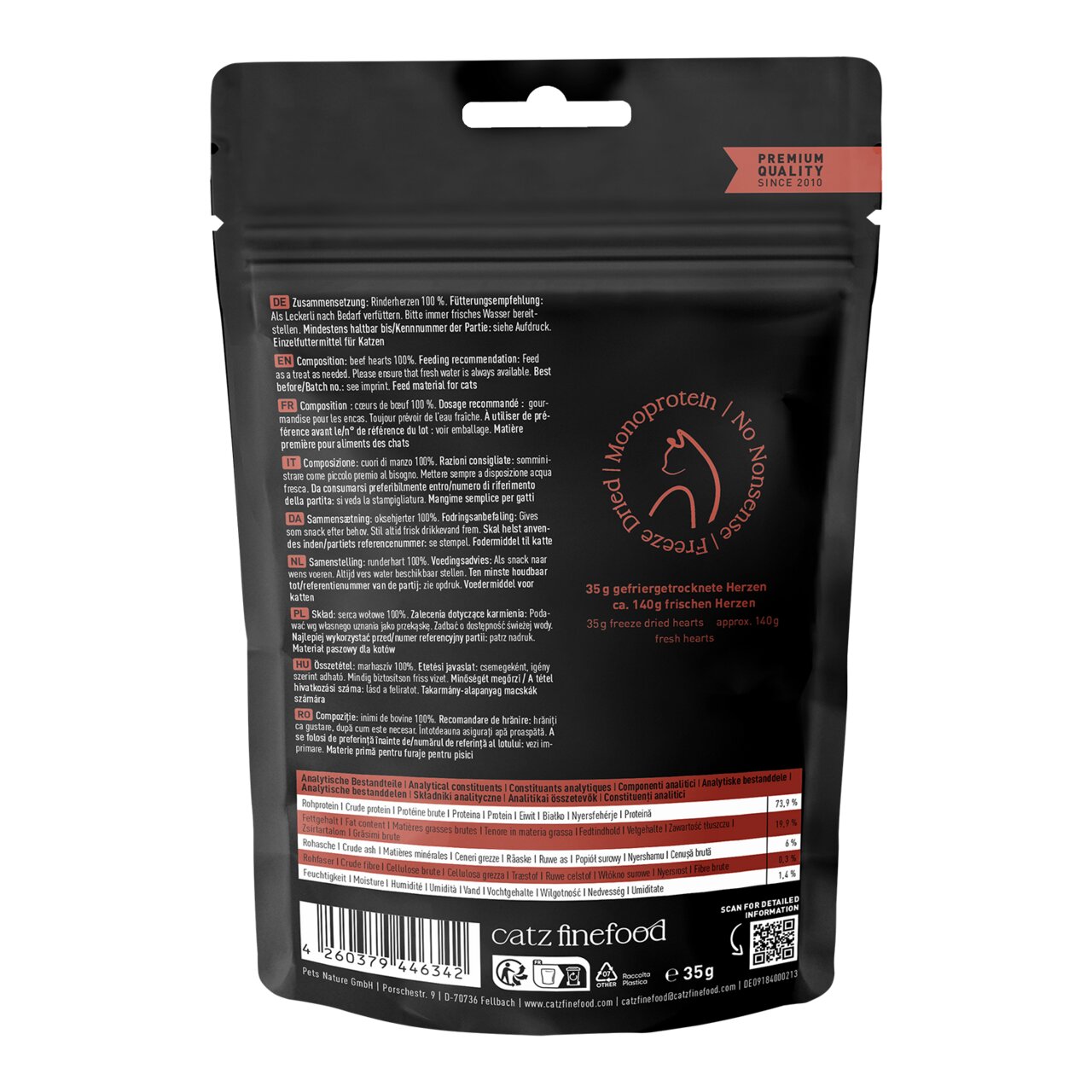 Rückseite einer schwarzen Verpackung von Catz finefood, gefriergetrocknete Rinderherzen, 35 g, Monoprotein, für Katzen.