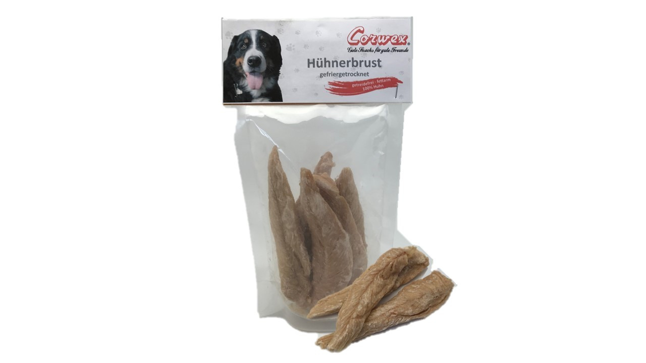 Corwex Hühnerbrust, gefriergetrocknet, für Hunde. 100 % Huhn, proteinreich & fettarm. Inhalt: mehrere Stücke Hühnerbrust.